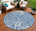 8' Navy Blue And Ivory Round Medallion Washable Indoor Outdoor Area Rug