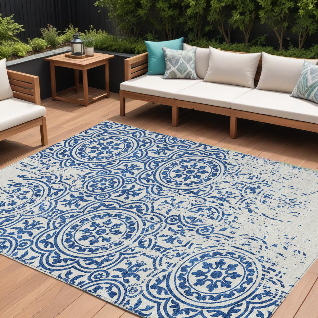 9' X 12' Navy Blue And Ivory Medallion Washable Indoor Outdoor Area Rug