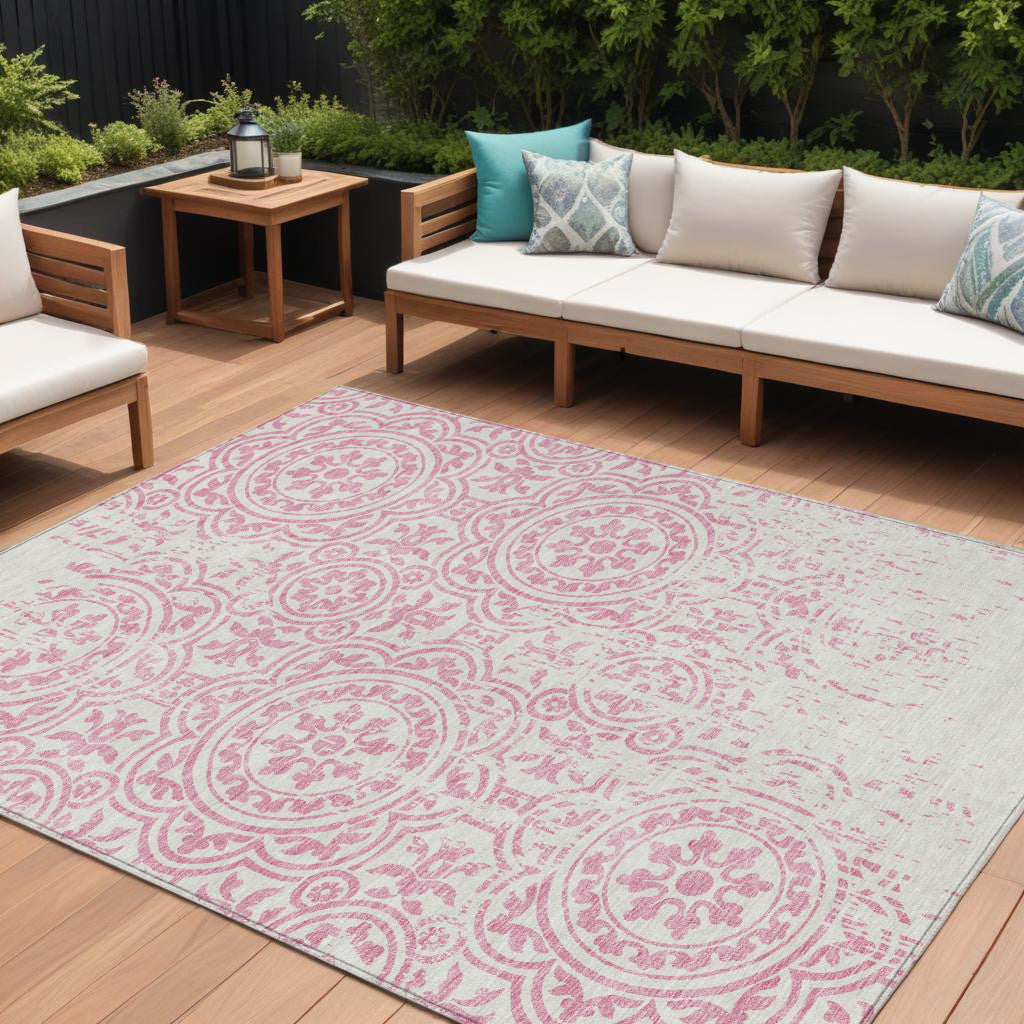 9' X 12' Pink And Ivory Medallion Washable Indoor Outdoor Area Rug