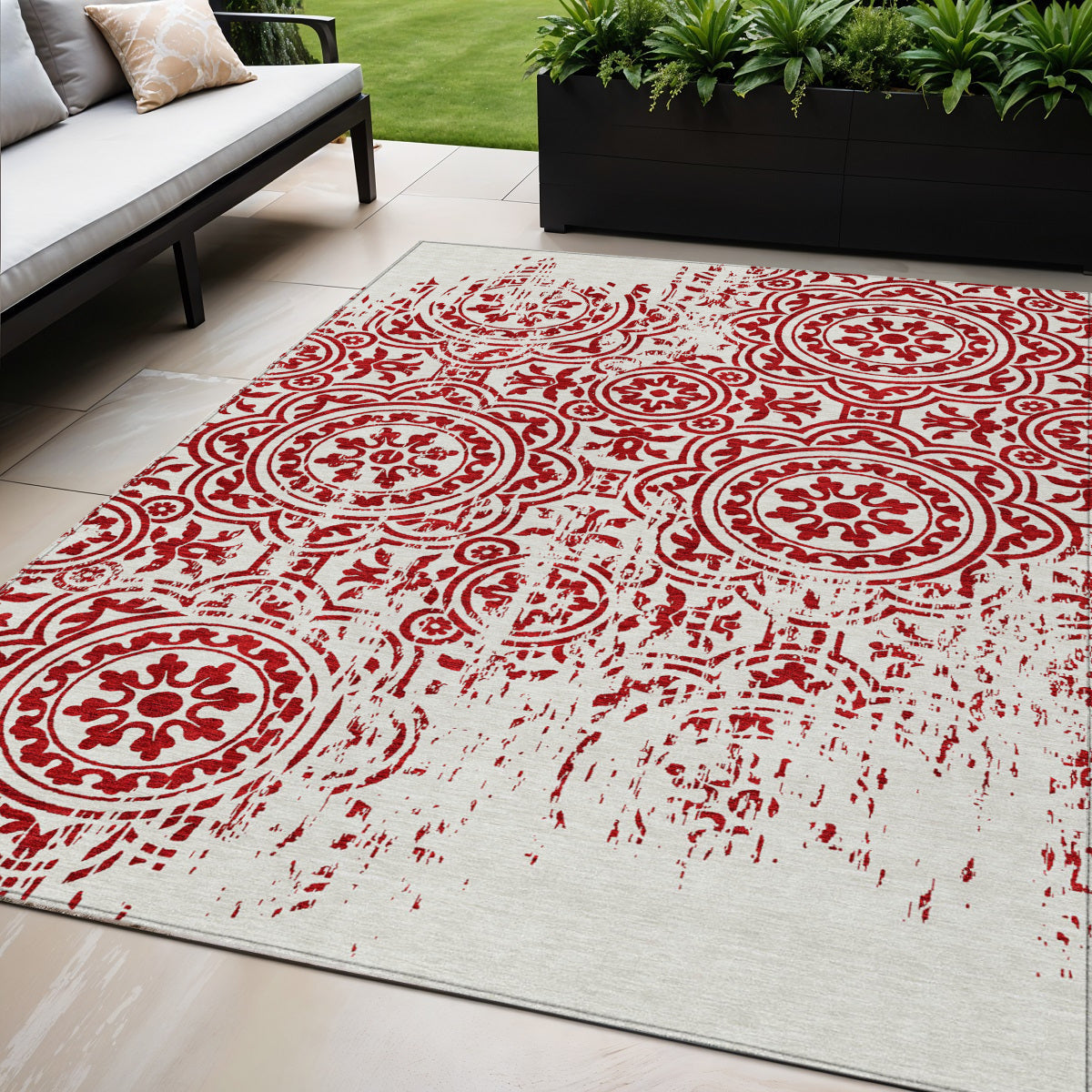 5' X 8' Red And Ivory Medallion Washable Indoor Outdoor Area Rug
