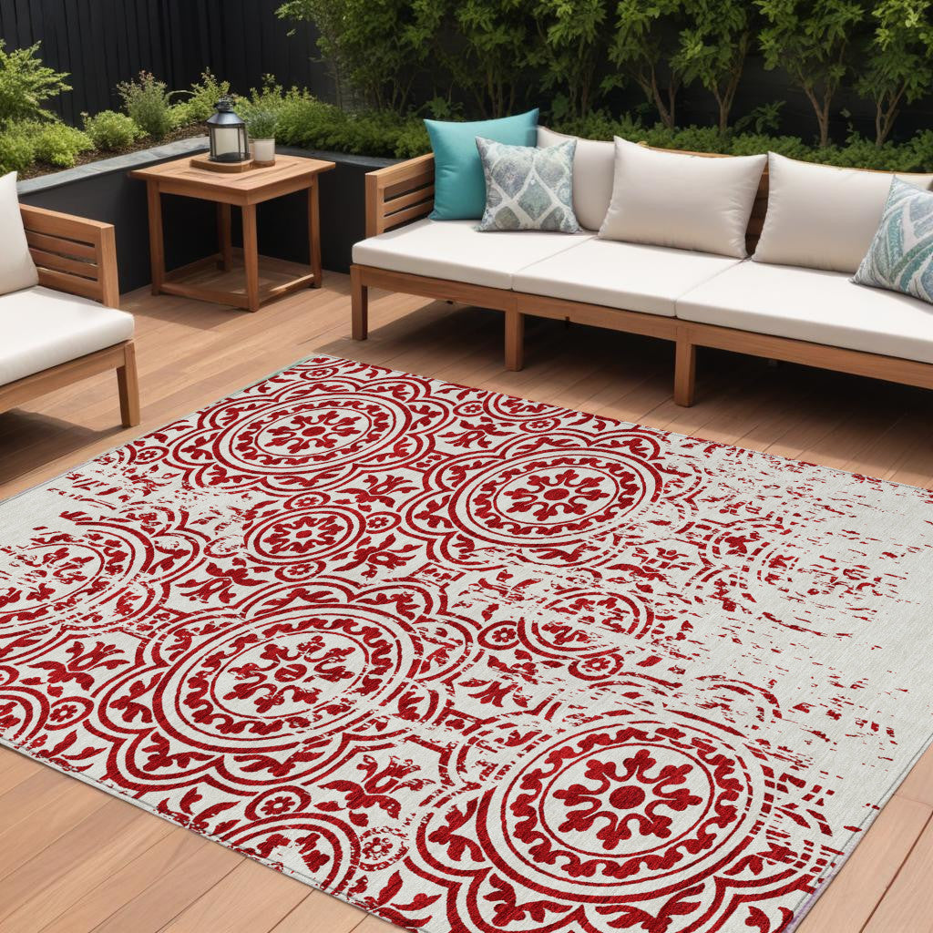 9' X 12' Red And Ivory Medallion Washable Indoor Outdoor Area Rug