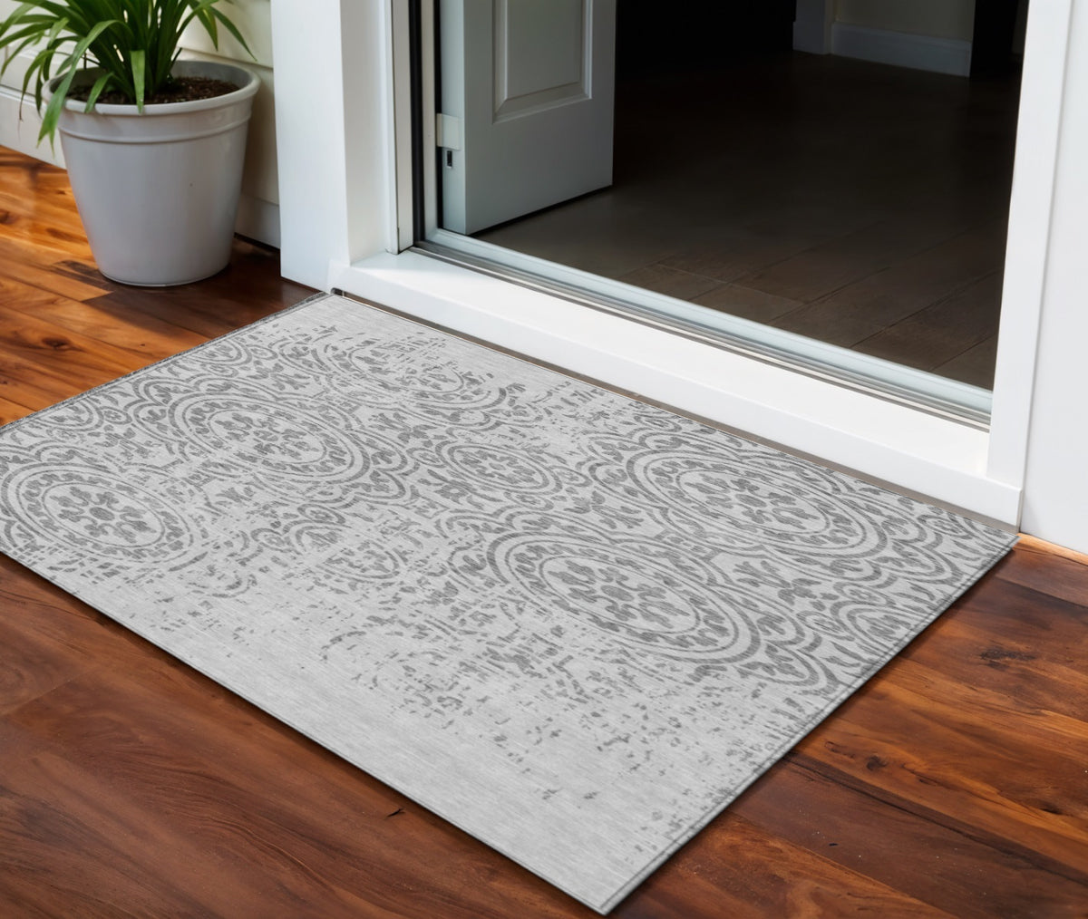 3' X 5' Silver And Gray Medallion Washable Indoor Outdoor Area Rug