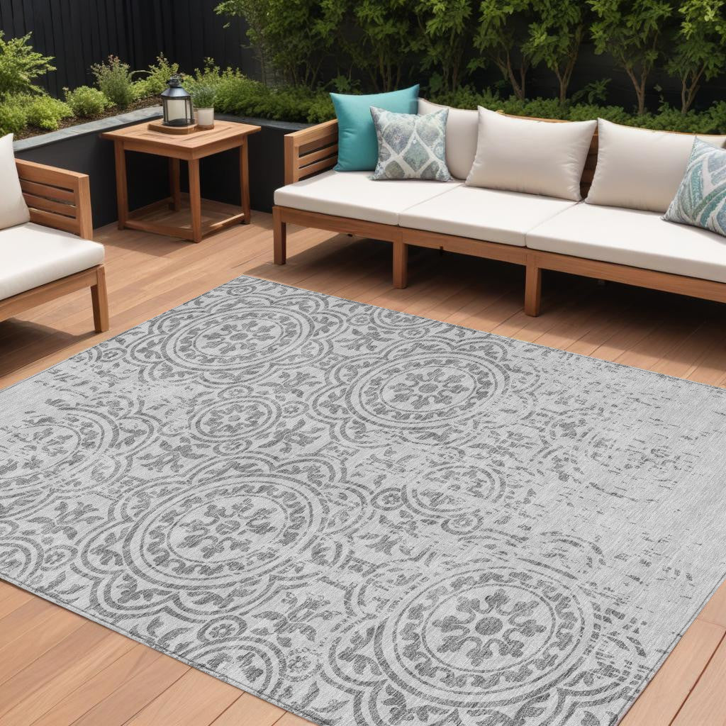 9' X 12' Silver And Gray Medallion Washable Indoor Outdoor Area Rug