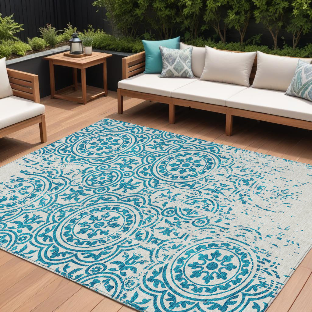 9' X 12' Teal Blue And Ivory Medallion Washable Indoor Outdoor Area Rug