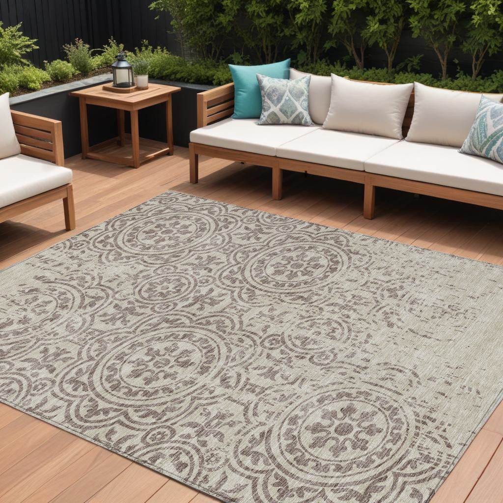 9' X 12' Taupe And Beige Medallion Washable Indoor Outdoor Area Rug