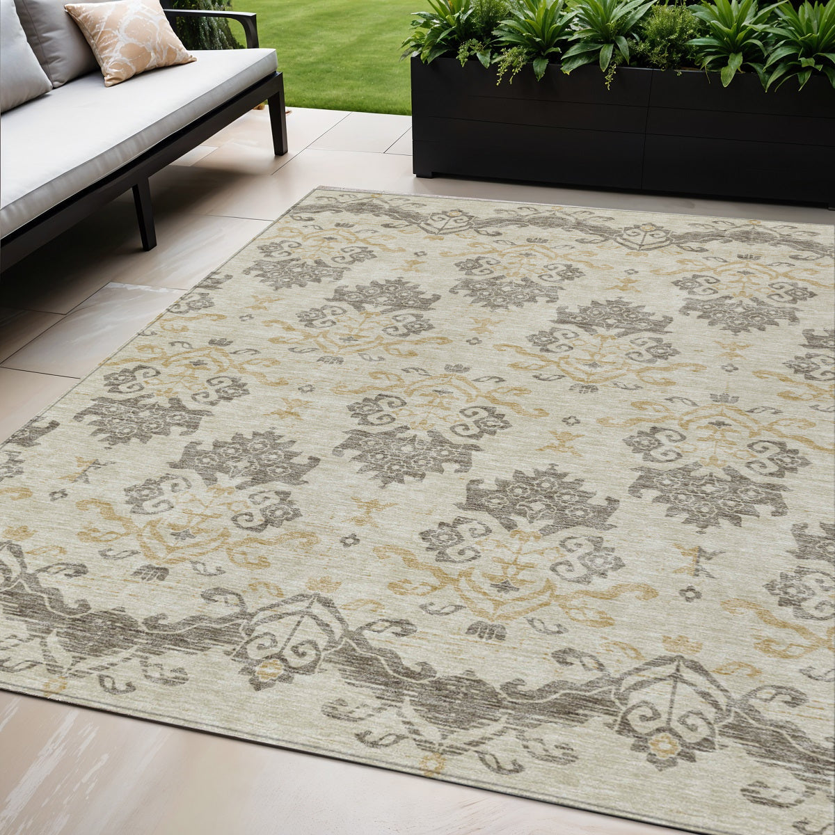 5' X 8' Beige Tan And Taupe Oriental Washable Indoor Outdoor Area Rug