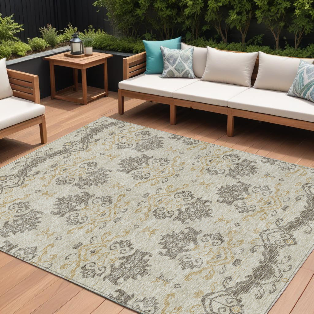 10' X 14' Beige Tan And Taupe Oriental Washable Indoor Outdoor Area Rug