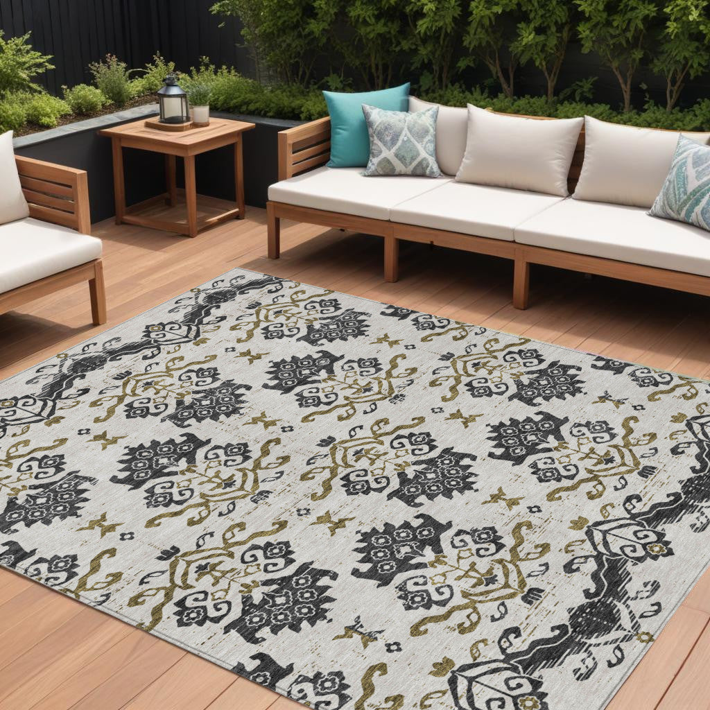 10' X 14' Black Beige And Gold Oriental Washable Indoor Outdoor Area Rug