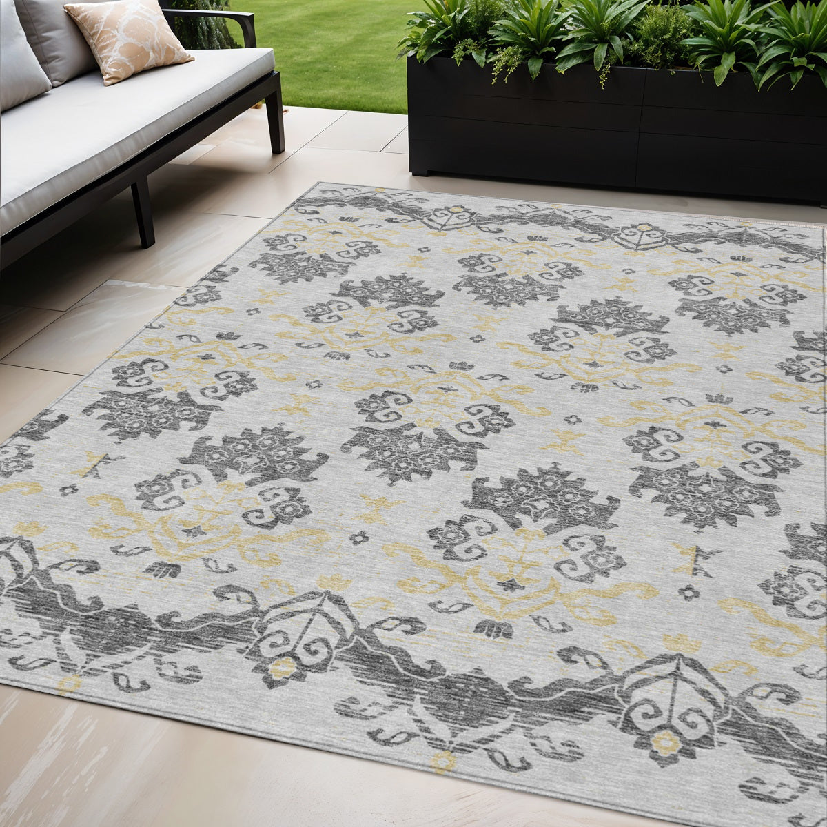 5' X 8' Charcoal Silver And Gold Oriental Washable Indoor Outdoor Area Rug