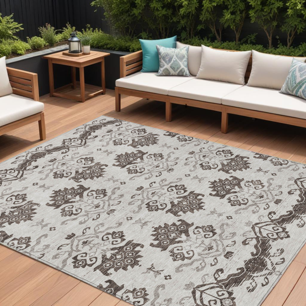 9' X 12' Chocolate Taupe And Beige Oriental Washable Indoor Outdoor Area Rug
