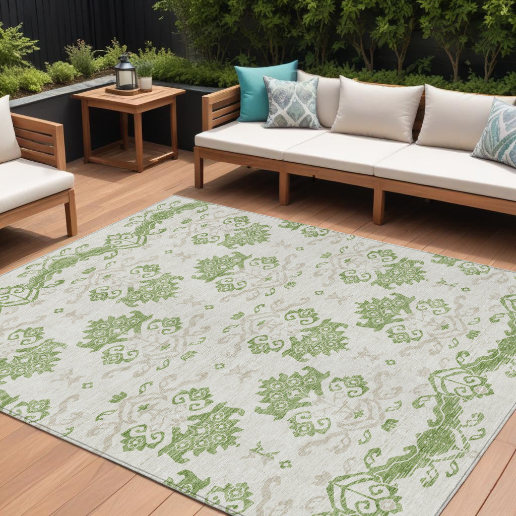 9' X 12' Green Beige And Taupe Oriental Washable Indoor Outdoor Area Rug