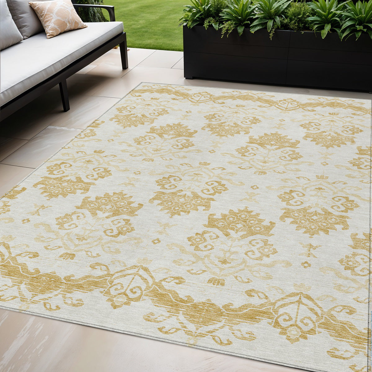 5' X 8' Gold Beige And Wheat Oriental Washable Indoor Outdoor Area Rug