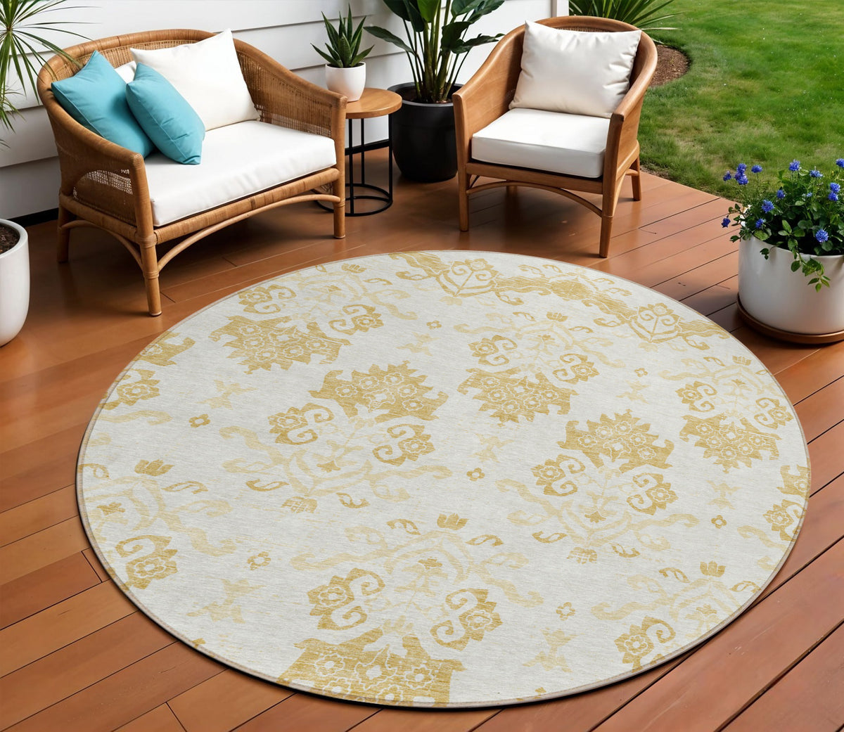 8' Gold Beige And Wheat Round Oriental Washable Indoor Outdoor Area Rug