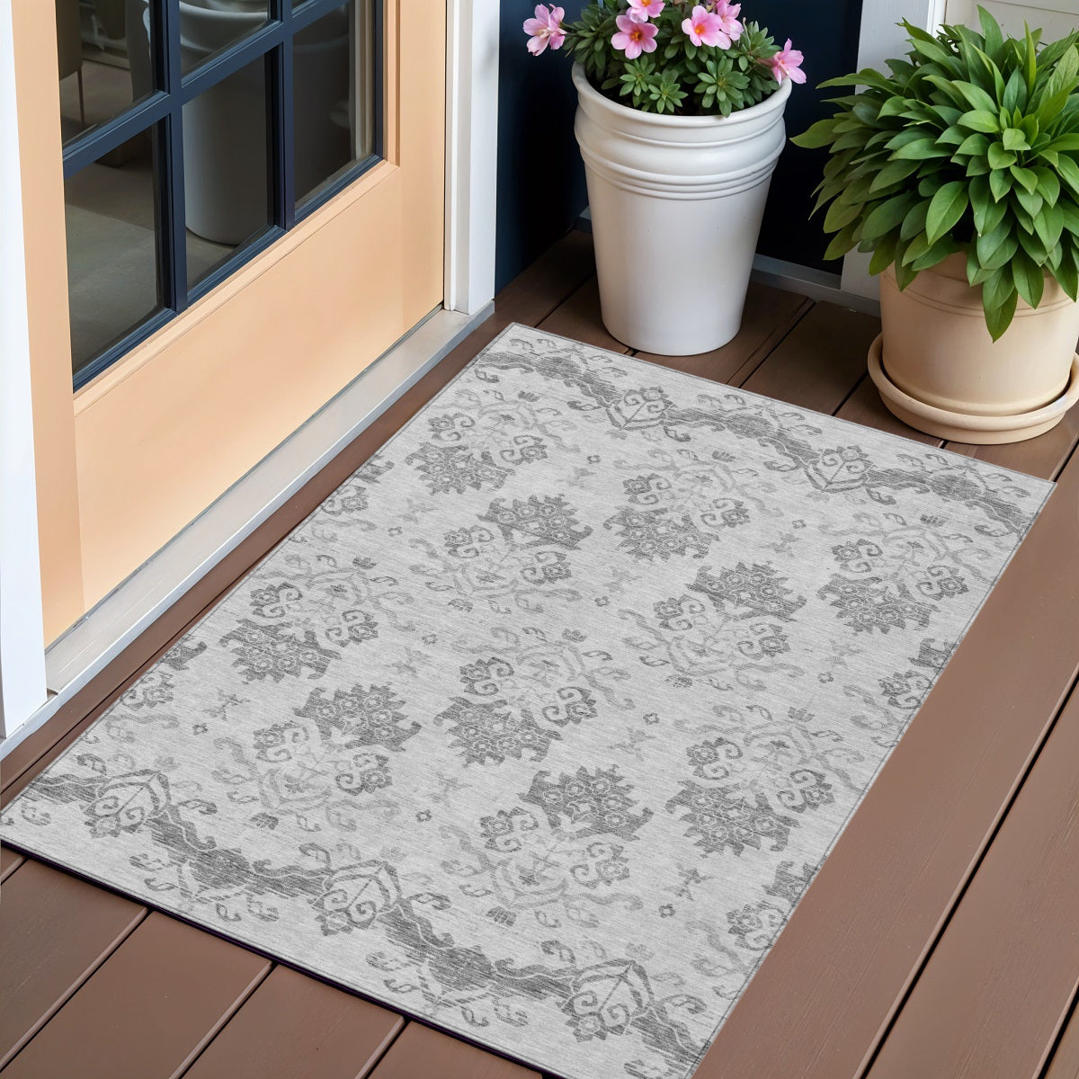 3' X 5' Graphite Gray And Silver Oriental Washable Indoor Outdoor Area Rug