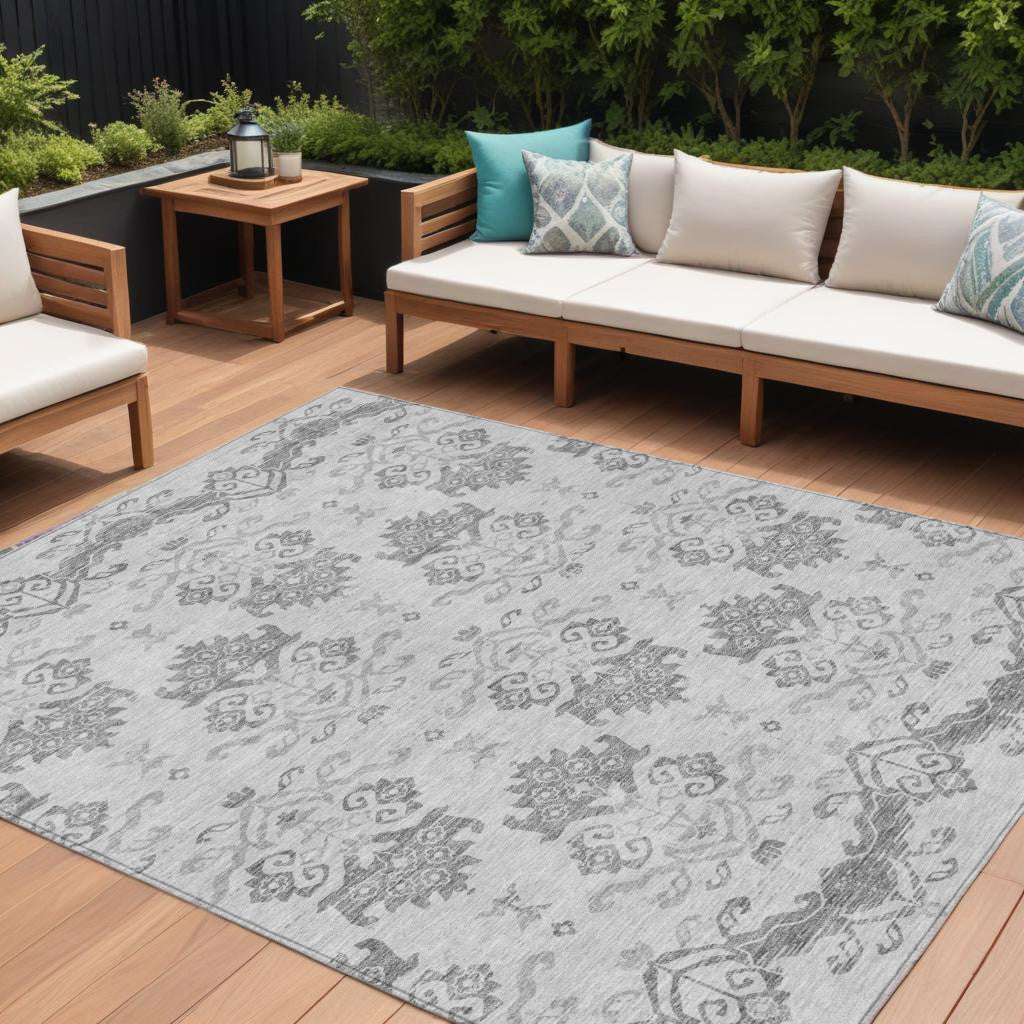 9' X 12' Graphite Gray And Silver Oriental Washable Indoor Outdoor Area Rug