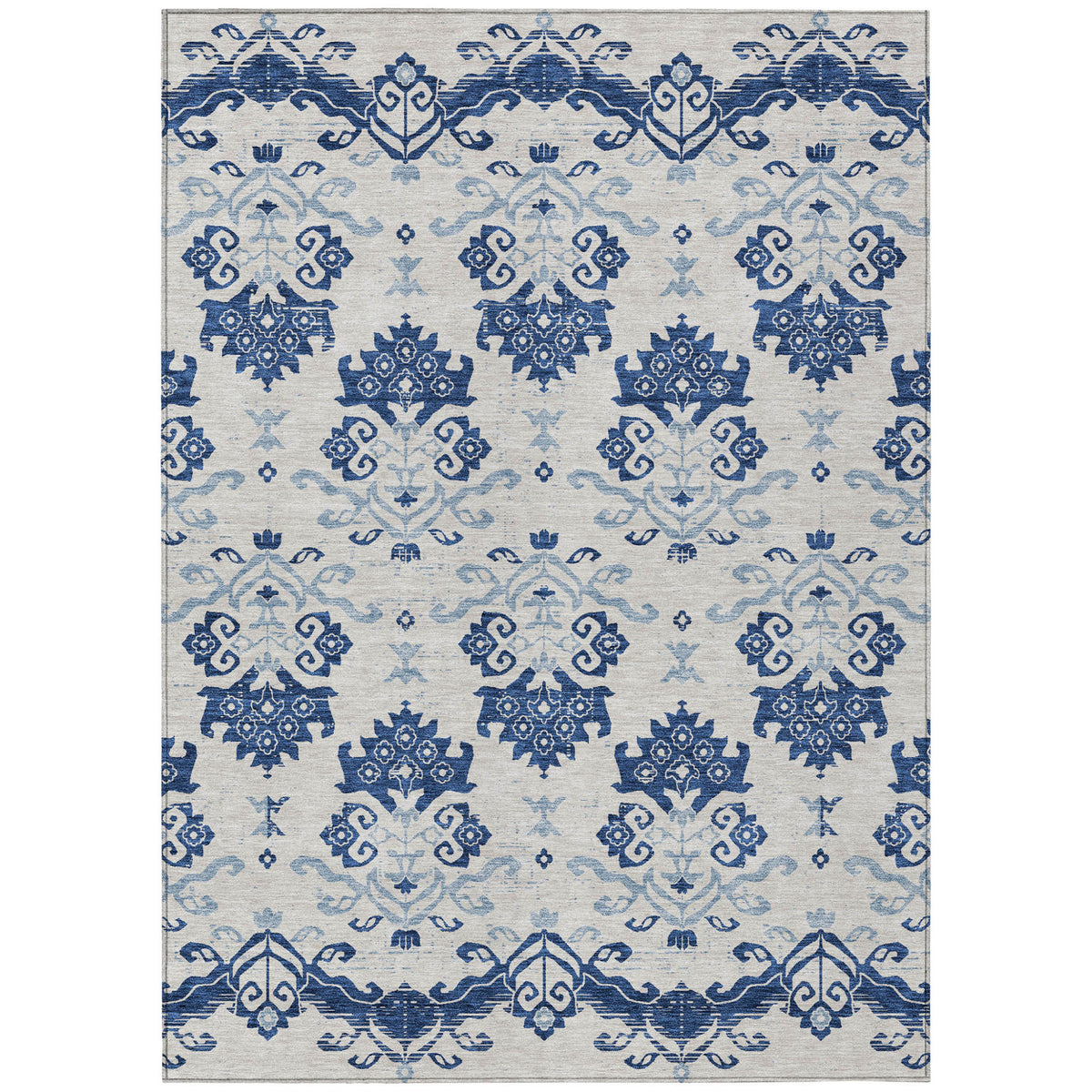 5' X 8' Navy Blue Beige And Denim Blue Oriental Washable Indoor Outdoor Area Rug