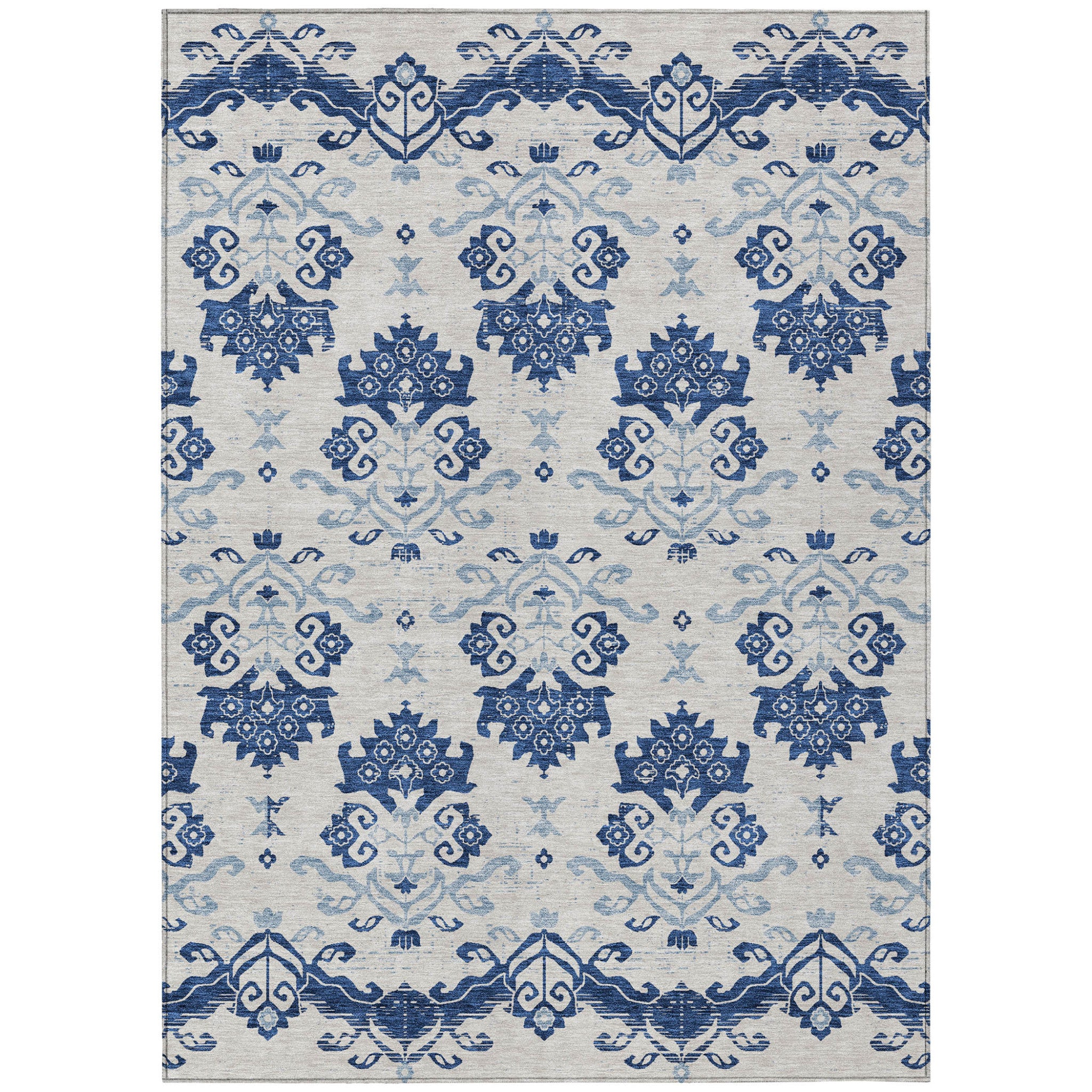 5' X 8' Navy Blue Beige And Denim Blue Oriental Washable Indoor Outdoor Area Rug