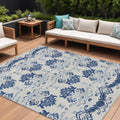 8' X 10' Navy Blue Beige And Denim Blue Oriental Washable Indoor Outdoor Area Rug