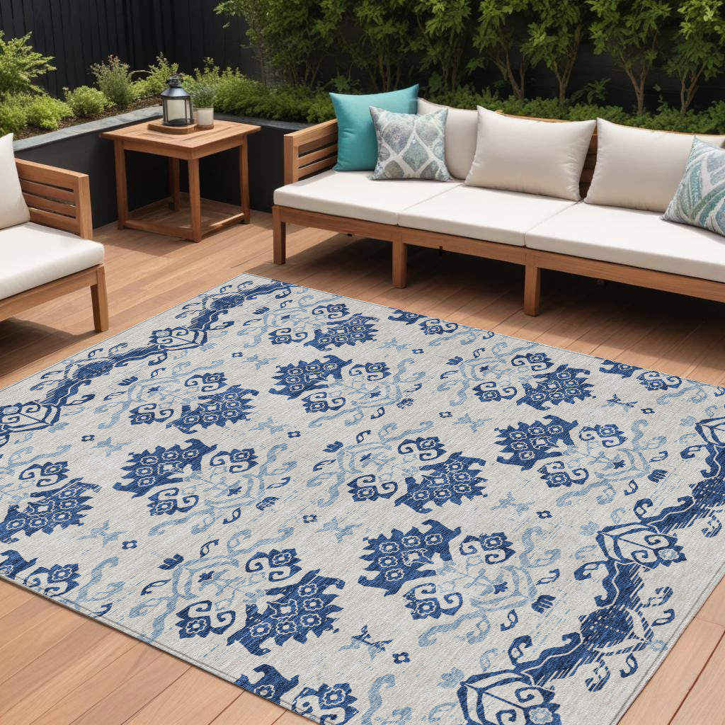 8' X 10' Navy Blue Beige And Denim Blue Oriental Washable Indoor Outdoor Area Rug