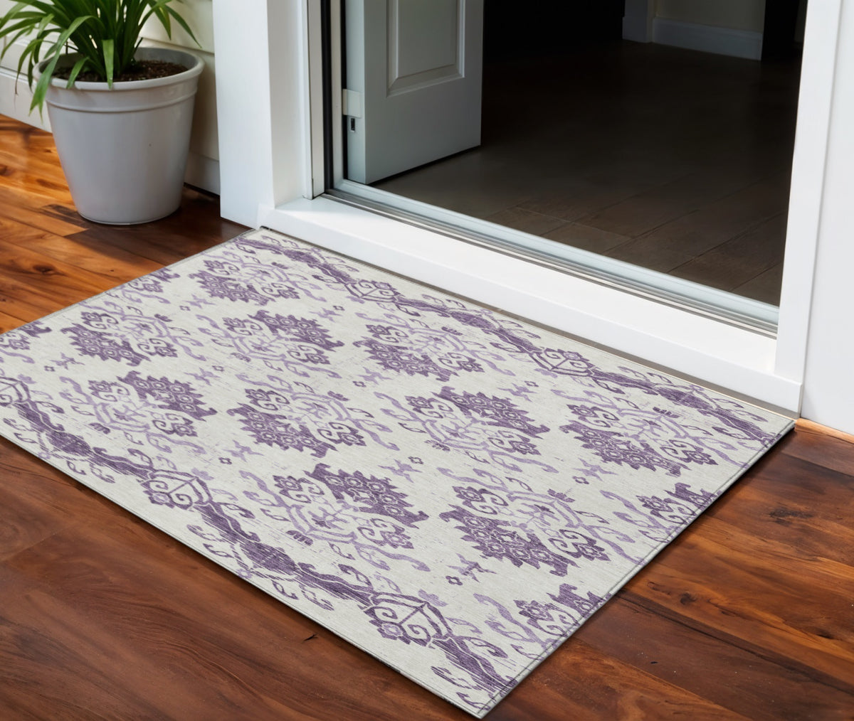 3' X 5' Purple Silver And Lilac Oriental Washable Indoor Outdoor Area Rug