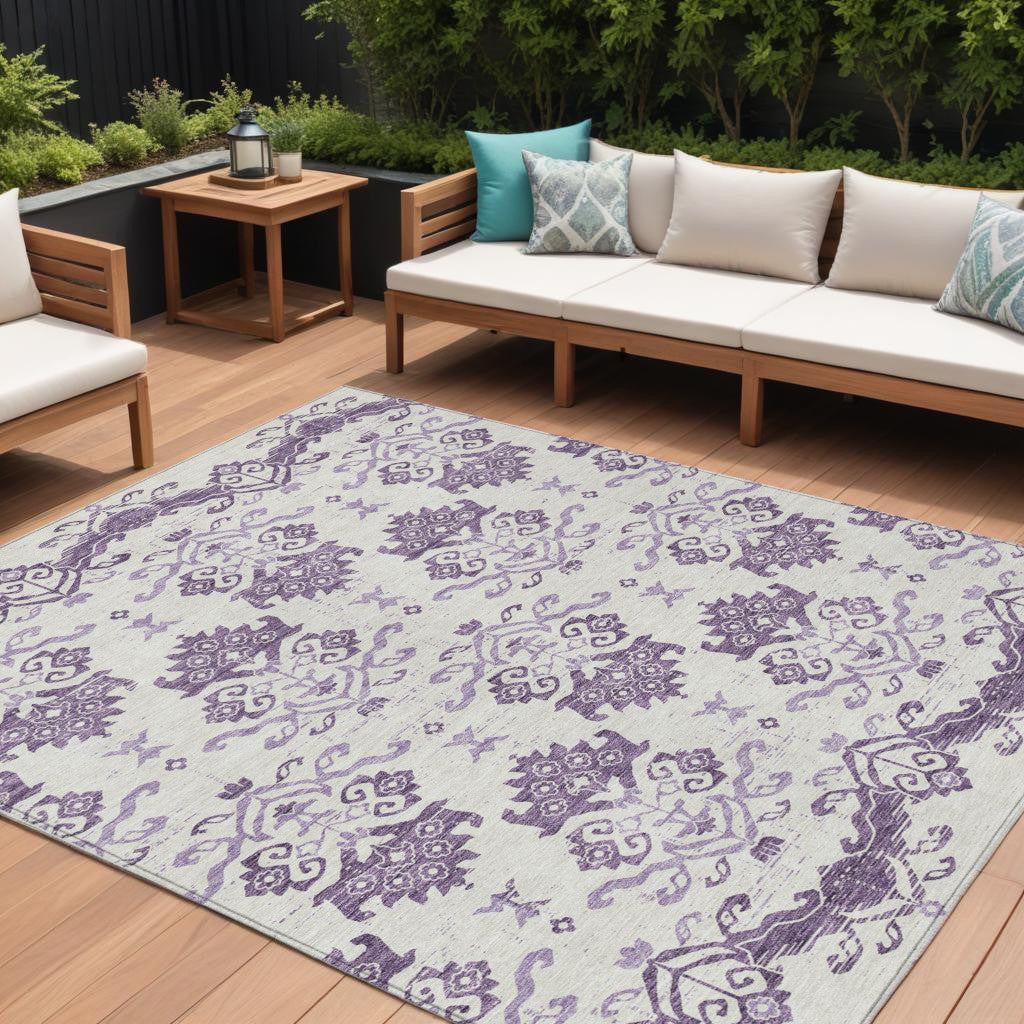 9' X 12' Purple Silver And Lilac Oriental Washable Indoor Outdoor Area Rug