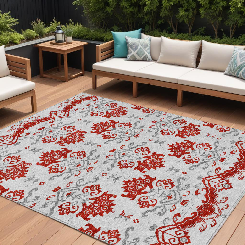 9' X 12' Red Gray And Silver Oriental Washable Indoor Outdoor Area Rug