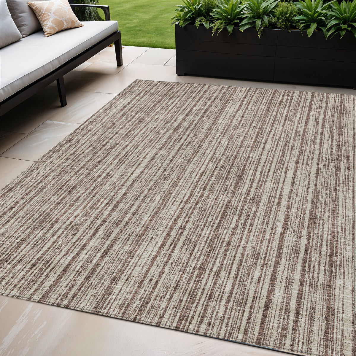 5' X 8' Brown And Ivory Striped Washable Indoor Outdoor Area Rug