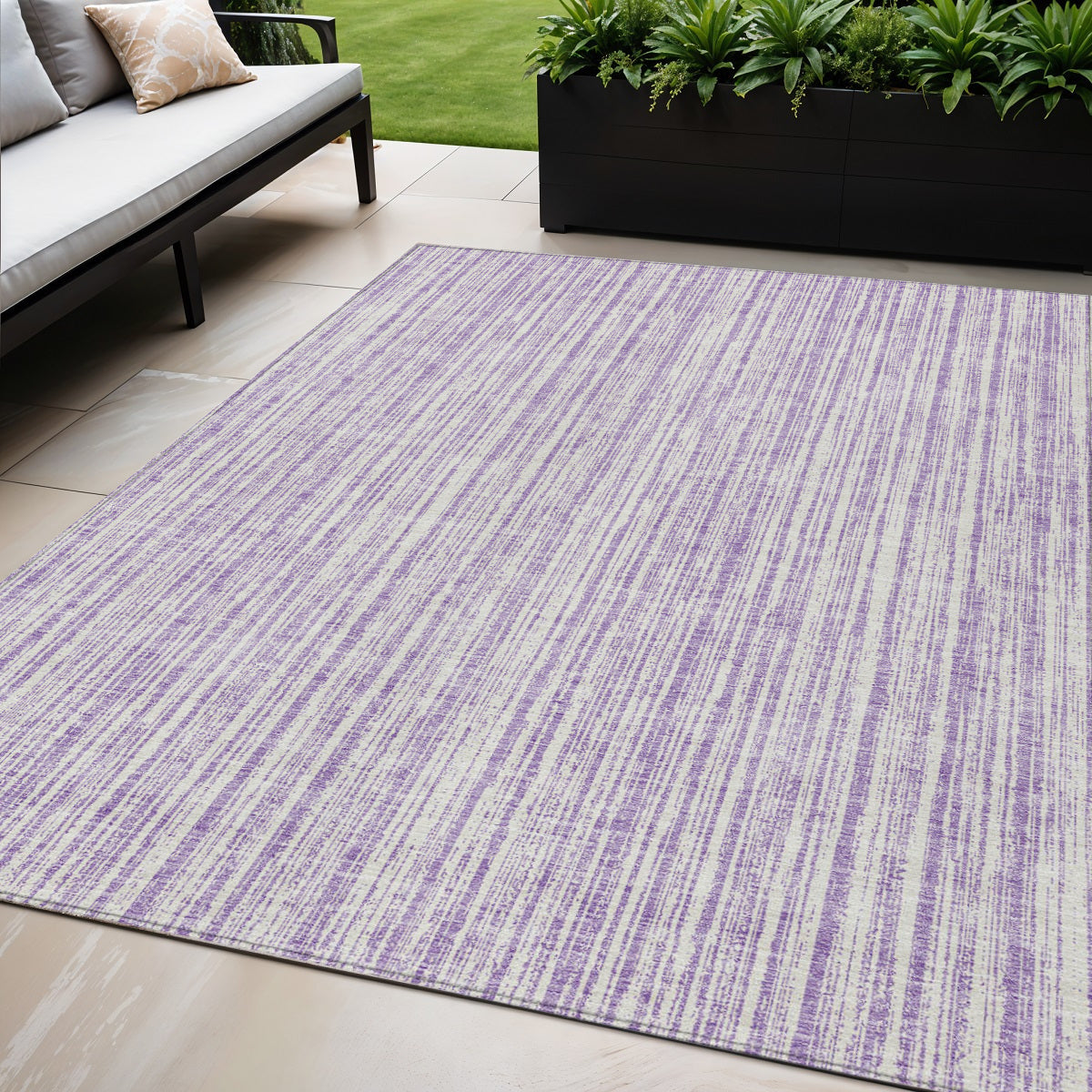 5' X 8' Lavender And Ivory Striped Washable Indoor Outdoor Area Rug