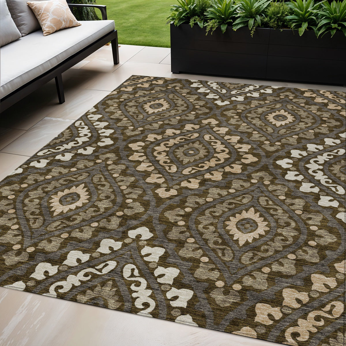 5' X 8' Brown Taupe And Gray Floral Washable Indoor Outdoor Area Rug