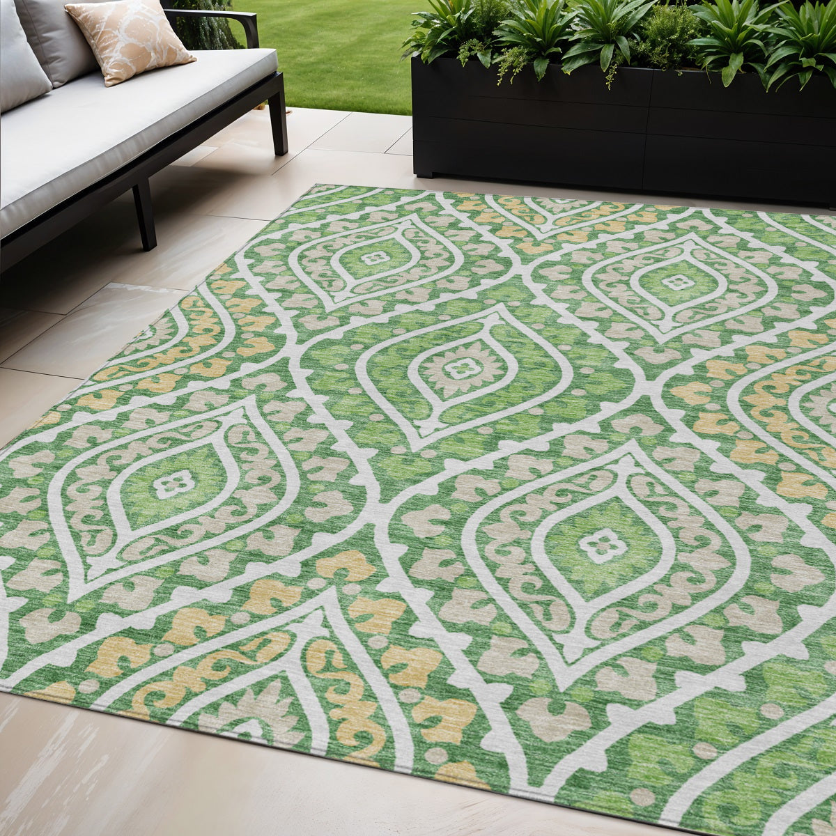 5' X 8' Green Beige And Ivory Floral Washable Indoor Outdoor Area Rug