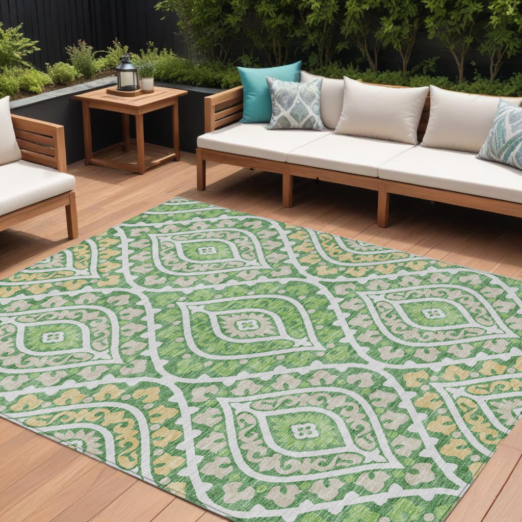 9' X 12' Green Beige And Ivory Floral Washable Indoor Outdoor Area Rug