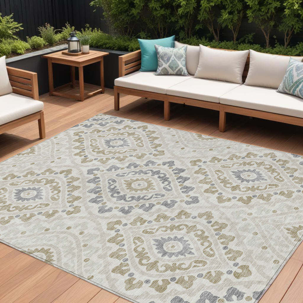 9' X 12' Ivory Beige And Gray Floral Washable Indoor Outdoor Area Rug
