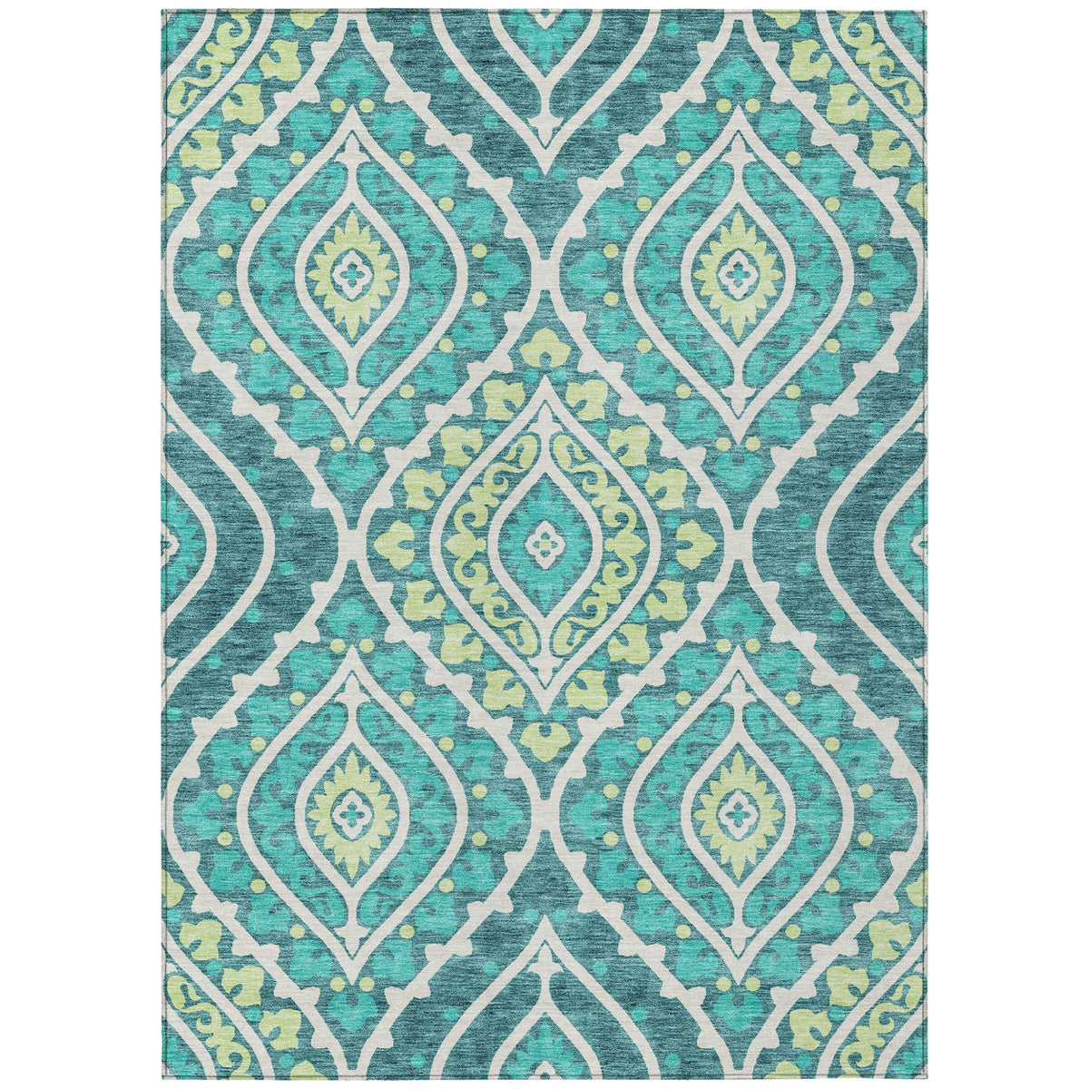 3' X 5' Teal Blue Ivory And Artichoke Green Floral Washable Indoor Outdoor Area Rug