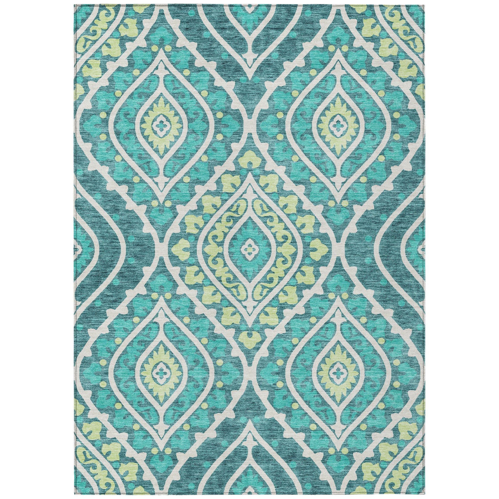 3' X 5' Teal Blue Ivory And Artichoke Green Floral Washable Indoor Outdoor Area Rug