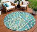 8' Teal Blue Ivory And Artichoke Green Round Floral Washable Indoor Outdoor Area Rug
