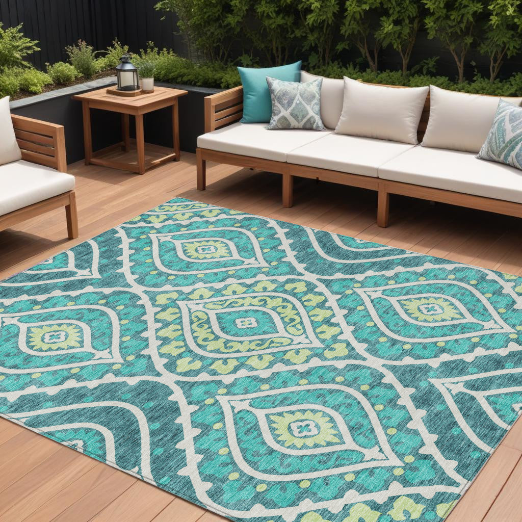 9' X 12' Teal Blue Ivory And Artichoke Green Floral Washable Indoor Outdoor Area Rug