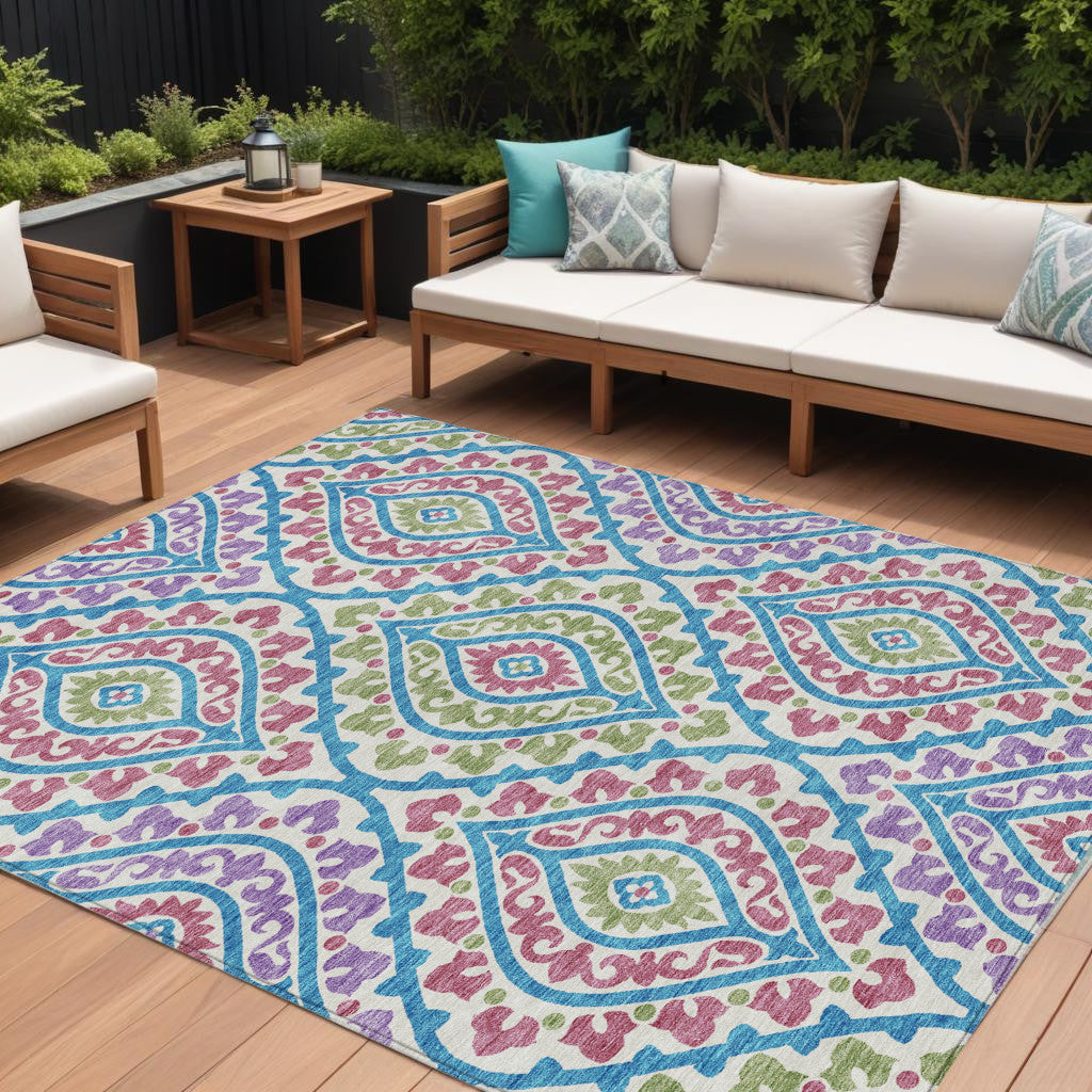 9' X 12' White Artichoke Green And Purple Floral Washable Indoor Outdoor Area Rug