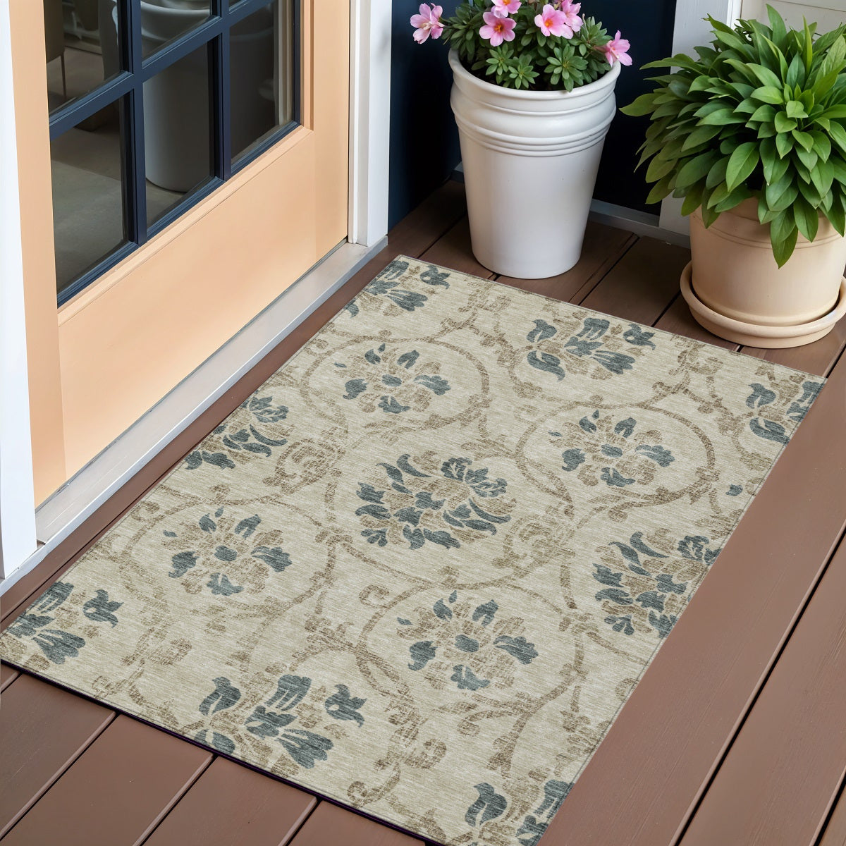 3' X 5' Beige Tan And Blue Floral Washable Indoor Outdoor Area Rug