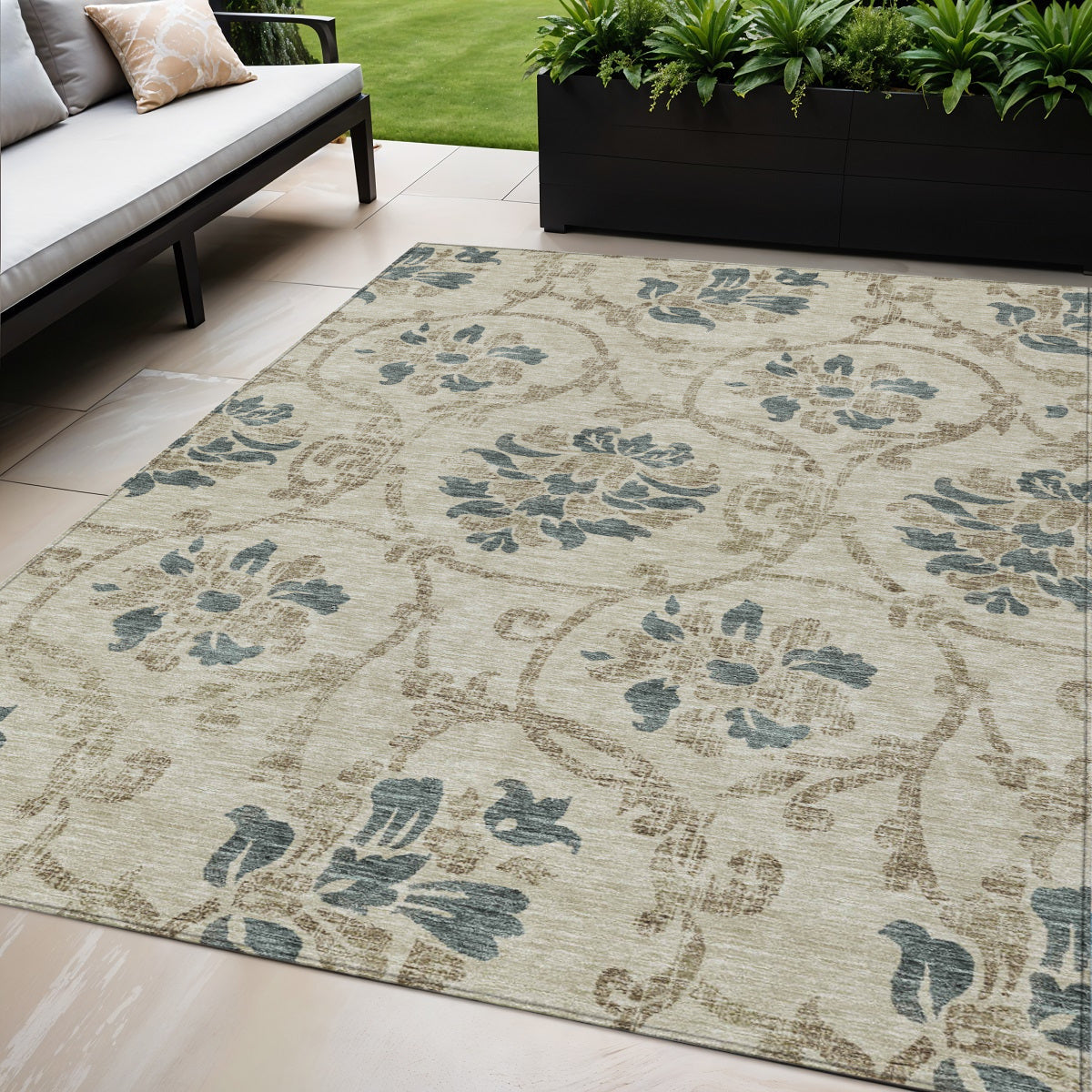 5' X 8' Beige Tan And Blue Floral Washable Indoor Outdoor Area Rug