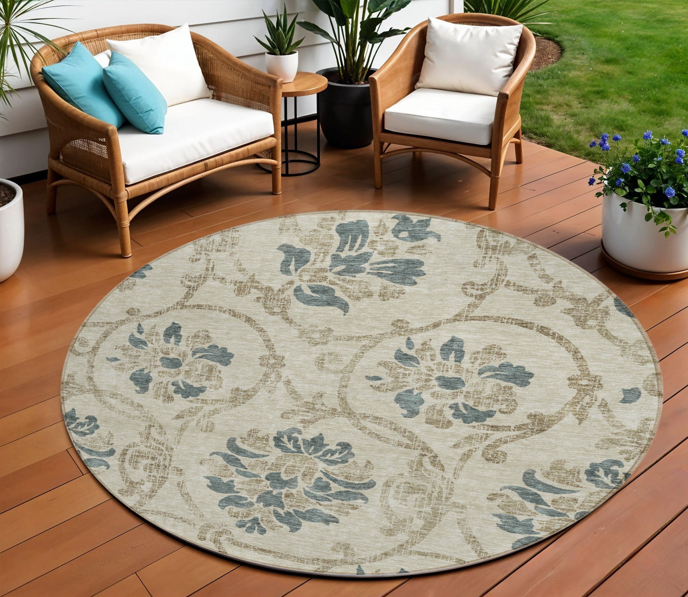 8' Beige Tan And Blue Round Floral Washable Indoor Outdoor Area Rug