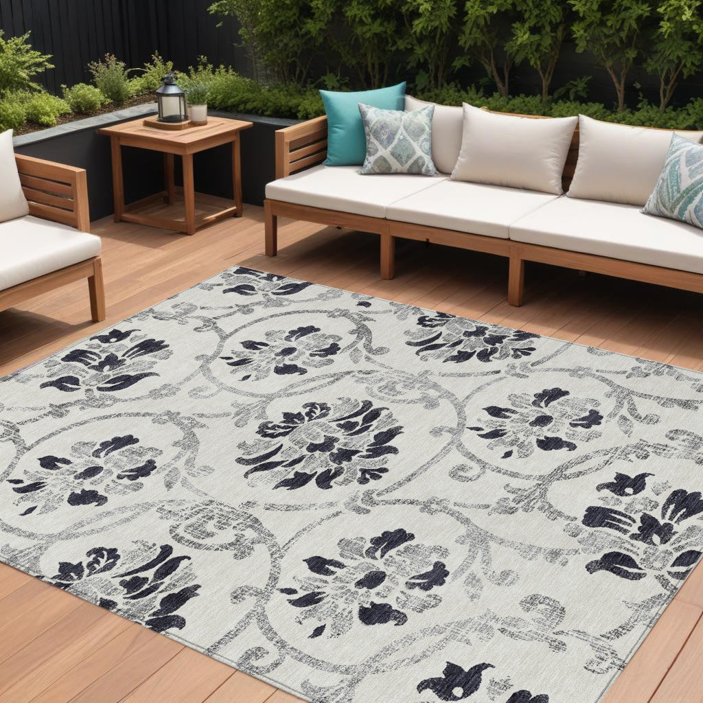 10' X 14' Black Silver And Charcoal Floral Washable Indoor Outdoor Area Rug