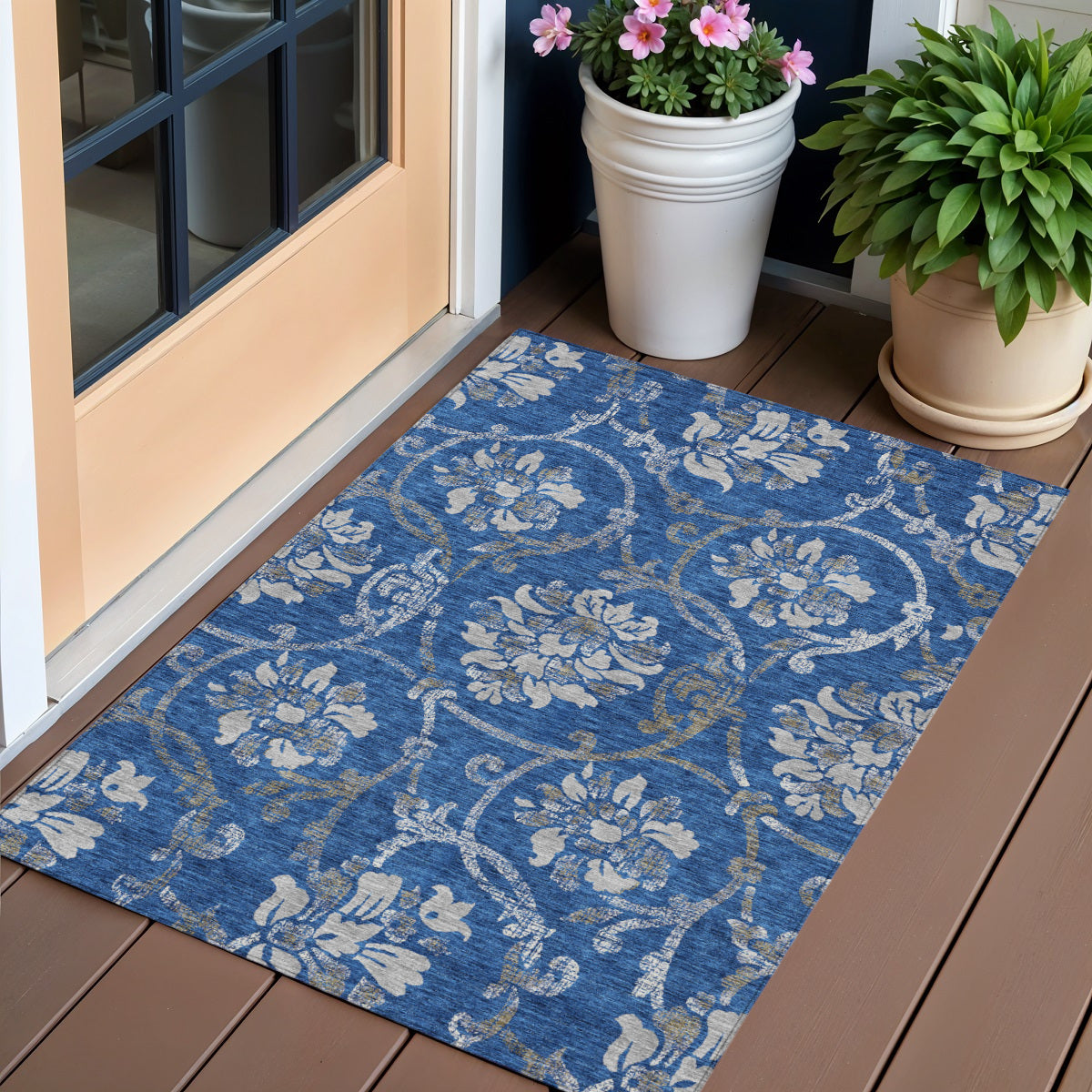 3' X 5' Navy Blue And Silver Floral Washable Indoor Outdoor Area Rug