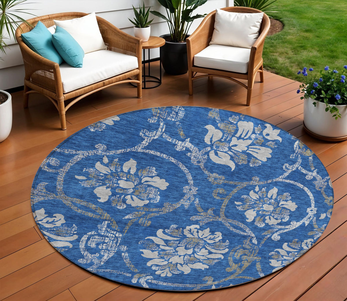 8' Navy Blue And Silver Round Floral Washable Indoor Outdoor Area Rug