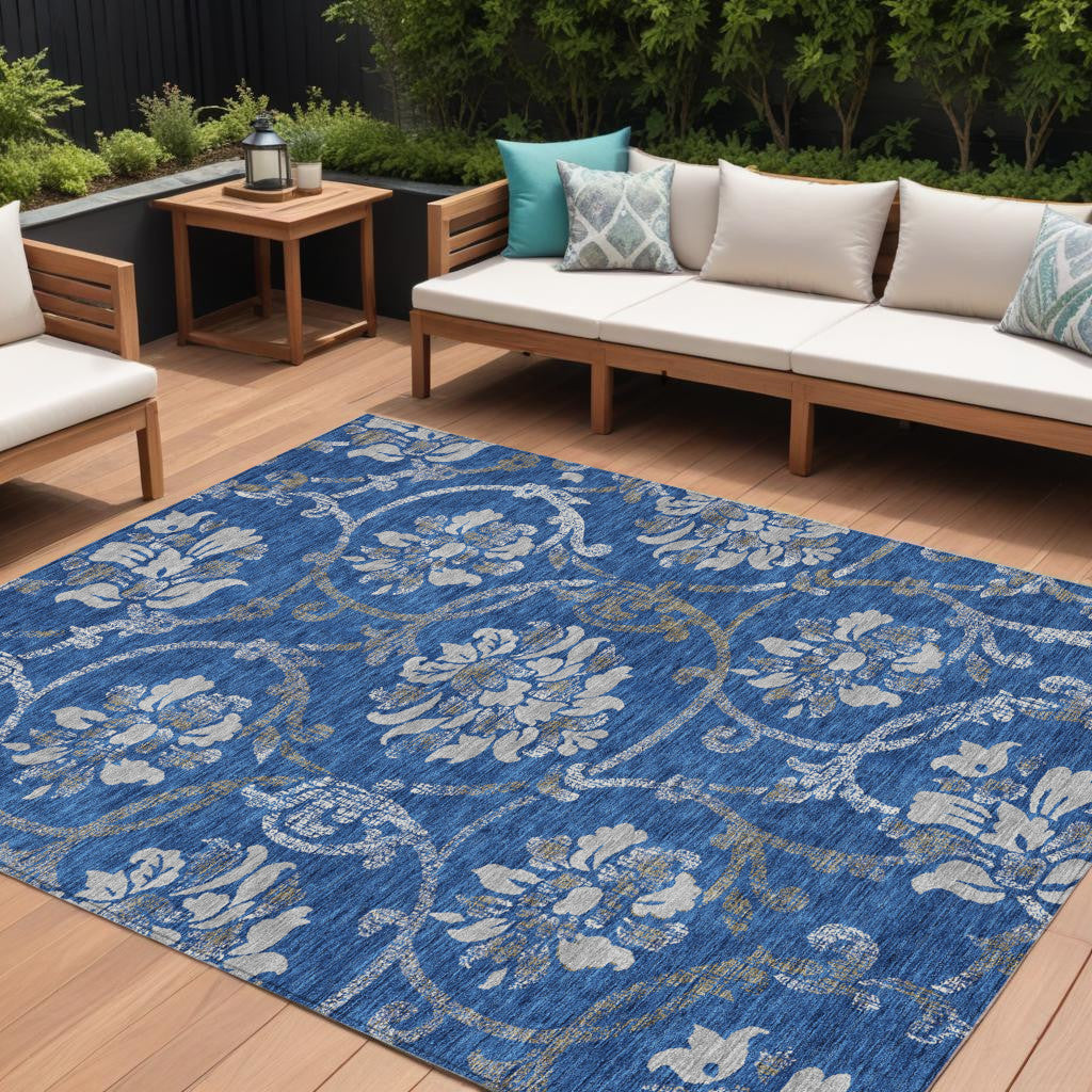 9' X 12' Navy Blue And Silver Floral Washable Indoor Outdoor Area Rug