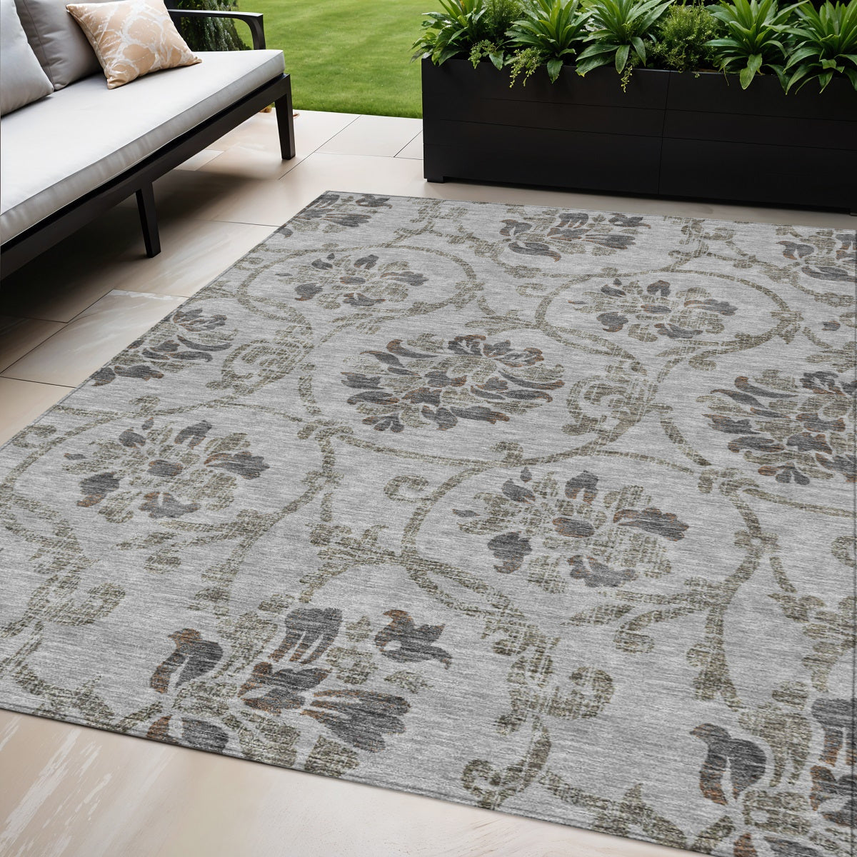 5' X 8' Gray Charcoal And Taupe Floral Washable Indoor Outdoor Area Rug
