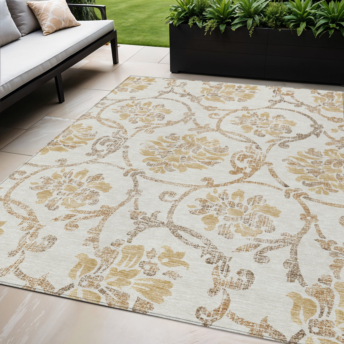5' X 8' Ivory Beige And Gold Floral Washable Indoor Outdoor Area Rug