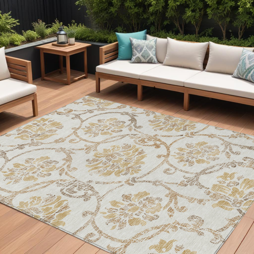 9' X 12' Ivory Beige And Gold Floral Washable Indoor Outdoor Area Rug