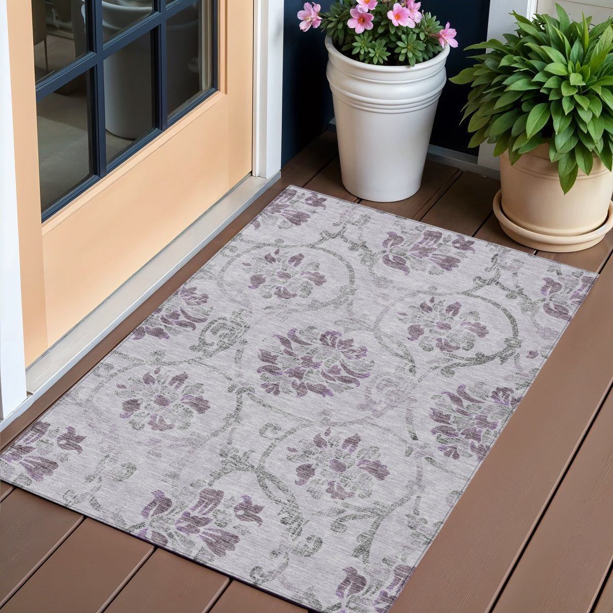 3' X 5' Lavender Purple And Gray Floral Washable Indoor Outdoor Area Rug