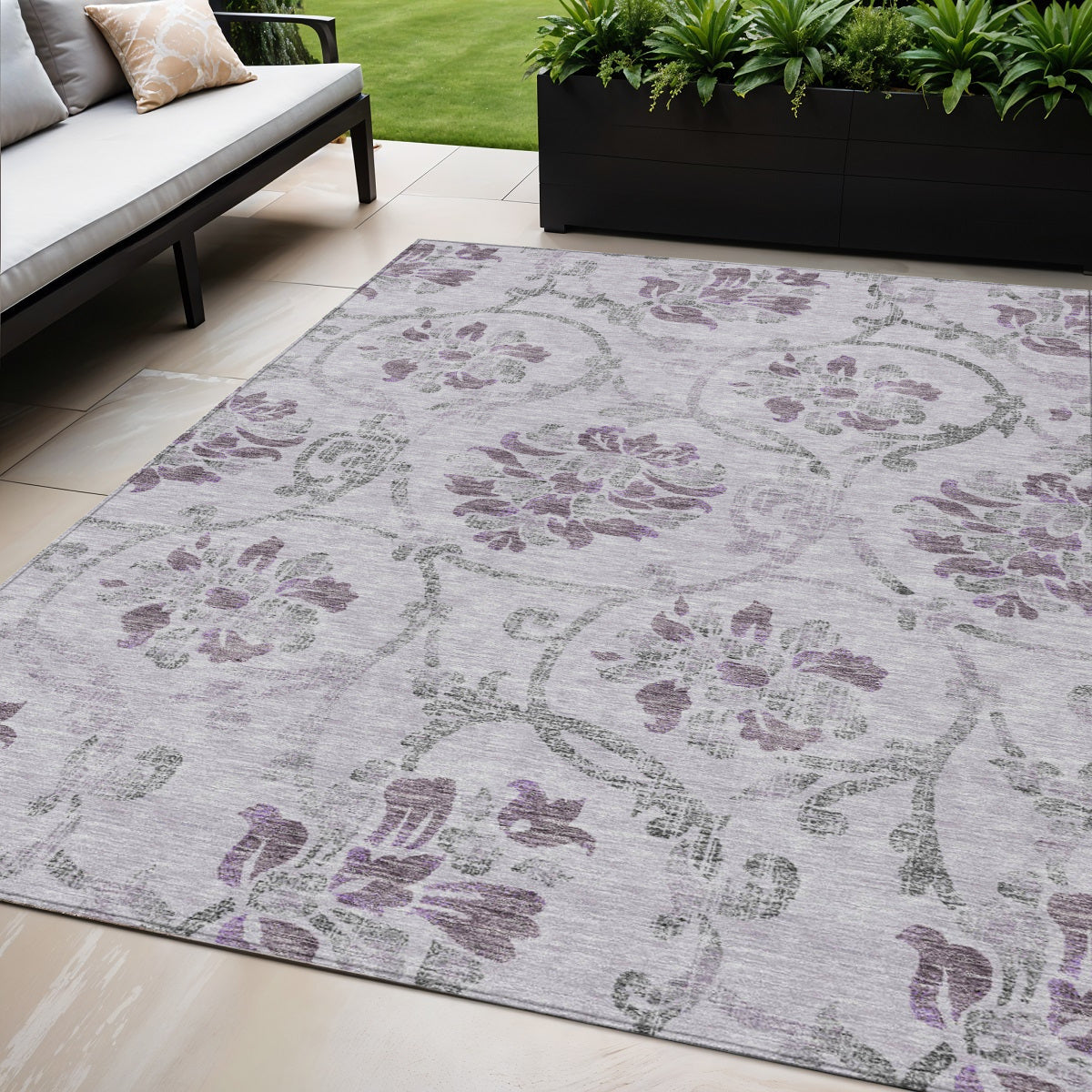 5' X 8' Lavender Purple And Gray Floral Washable Indoor Outdoor Area Rug