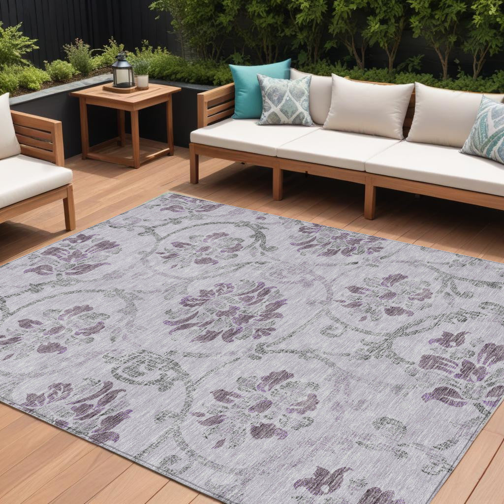 9' X 12' Lavender Purple And Gray Floral Washable Indoor Outdoor Area Rug
